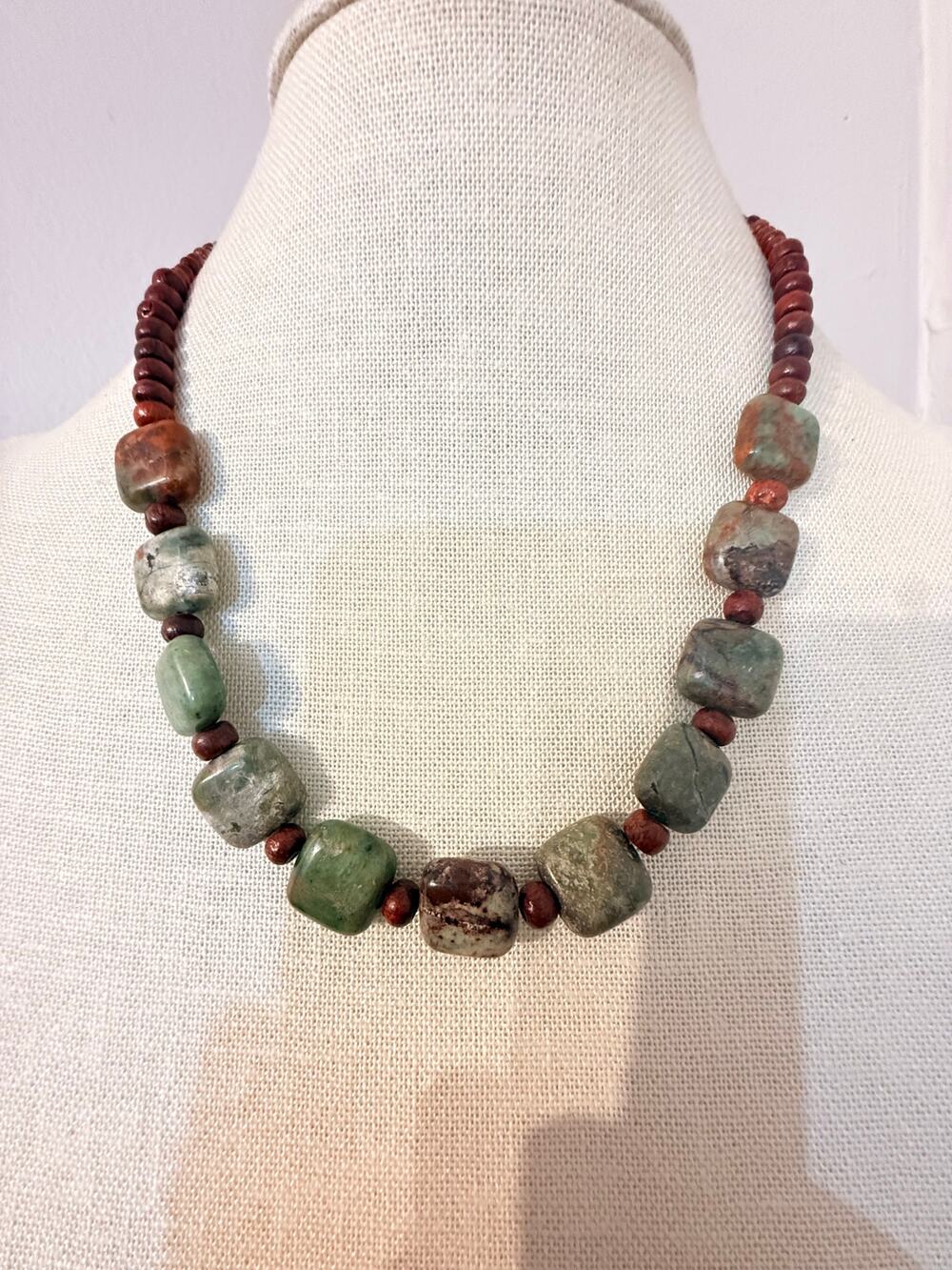 Rustic Green Stone & Brown Beaded Toggle Necklace 18”